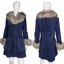 Load image into Gallery viewer, Blue coat with fur hood and cuffs on mannequins against a white background
