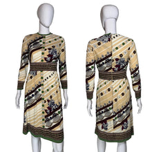 Load image into Gallery viewer, front and back views of a patterned vintage dress.
