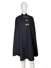 Load image into Gallery viewer, Navy blue cape with gold buckles on a mannequin against a plain background
