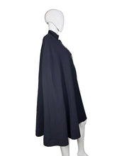 Load image into Gallery viewer, Navy blue cape with gold buckles on a mannequin against a plain background
