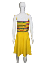 Load image into Gallery viewer, Yellow dress with colorful top on a mannequin against a neutral background
