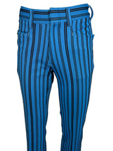Load image into Gallery viewer, Blue pants with black stripes on a white background
