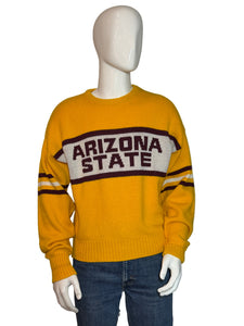 Yellow sweater with 'Arizona State' text on a mannequin against a gray background