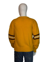Load image into Gallery viewer, Yellow sweater with black and white stripes on a mannequin against a plain background
