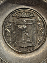 Load image into Gallery viewer, Close-up of a metallic ashtray with intricate designs and "Madrid" text
