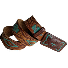 Load image into Gallery viewer, Brown leather belt with turquoise patterns on a white background
