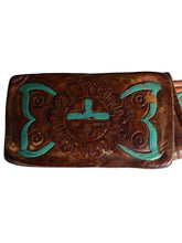 Load image into Gallery viewer, Brown leather belt buckle with turquoise embossing on a white background
