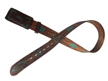Load image into Gallery viewer, Brown leather belt with turquoise embossing on a white background
