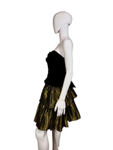 Load image into Gallery viewer, Black strapless dress with a gold tiered skirt on a mannequin against a plain background
