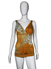 Load image into Gallery viewer, Orange and beige floral-patterned bathing suit on a mannequin 
