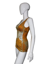 Load image into Gallery viewer, Orange and beige floral-patterned bathing suit on a mannequin 
