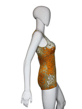 Load image into Gallery viewer, Orange and beige floral-patterned bathing suit on a mannequin 
