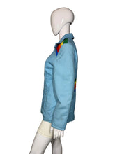 Load image into Gallery viewer, Mannequin wearing a blue jacket with rainbow accents on a plain background
