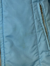 Load image into Gallery viewer, Close-up of light stains on a light blue jacket with a zipper
