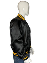 Load image into Gallery viewer, Mannequin wearing a black jacket with yellow stripes on a white background
