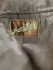 Close-up of a label on a jacket with text and branding.