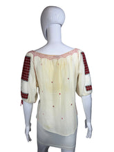 Load image into Gallery viewer, White peasant blouse with red accents on a mannequin against a white background
