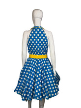 Load image into Gallery viewer, Mannequin wearing a blue dress with white polka dots and a yellow belt against a plain background

