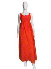 Load image into Gallery viewer, Pink and orange chiffon dress on a mannequin against a white background.
