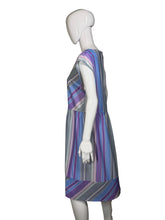 Load image into Gallery viewer, A purple and gray striped dress against a white background.
