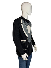 Load image into Gallery viewer, Black long sleeve tee with tuxedo design on a mannequin against a plain background
