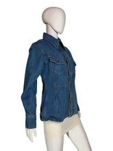 Load image into Gallery viewer, Blue denim jacket on a mannequin against a plain background
