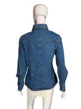 Load image into Gallery viewer, Blue denim jacket on a mannequin against a plain background
