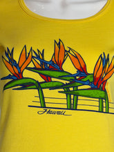 Load image into Gallery viewer, Yellow top with bird of paradise flowers and 'Hawaii' text on a white background

