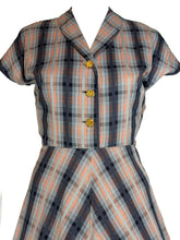 Load image into Gallery viewer, Plaid dress with gold buttons on a white background
