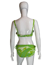 Load image into Gallery viewer, Green and blue patterned bikini on a white mannequin against a plain background
