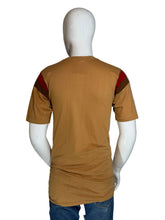 Load image into Gallery viewer, Mannequin wearing a brown t-shirt with red and black accents on a plain background
