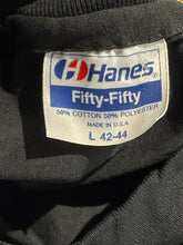 Load image into Gallery viewer, Hanes label on a black garment with size L 42-44
