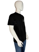 Load image into Gallery viewer, Mannequin wearing a black t-shirt with text on a plain background

