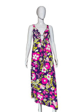 Load image into Gallery viewer, Purple neon floral night gown on a mannequin
