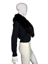 Load image into Gallery viewer, Black cardigan with fur collar on a mannequin against a neutral background
