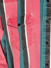Load image into Gallery viewer, Close-up of a multicolored striped shirt with a pocket and buttons.
