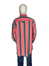 Load image into Gallery viewer, Mannequin wearing a striped shirt with pink, green, and black vertical stripes on a plain background.
