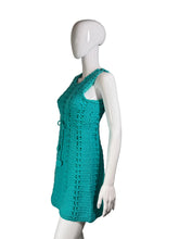 Load image into Gallery viewer, Teal crochet dress on a white mannequin against a plain background.
