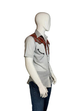 Load image into Gallery viewer, Gray shirt with plaid shoulder accents on a mannequin against a plain background
