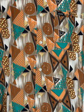 Load image into Gallery viewer, Geometric pattern with triangles, squares, and circles in brown, teal, and black 
