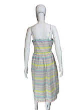 Load image into Gallery viewer, Mannequin wearing a pastel striped dress against a plain wall.
