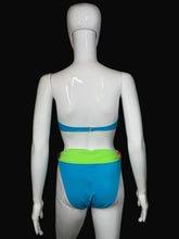 Load image into Gallery viewer, Neon blue and green bikini set on a mannequin
