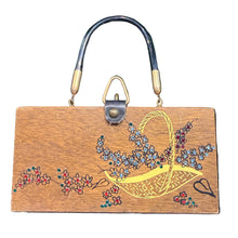 Load image into Gallery viewer, Wooden box purse with a painted and jeweled design
