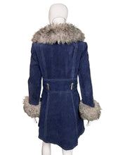 Load image into Gallery viewer, Blue jacket with gray fur trim on a mannequin against a white wall.
