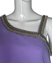 Load image into Gallery viewer, Close-up of a purple garment with a decorative silver trim on a mannequin.
