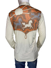 Load image into Gallery viewer, A long-sleeve western-style shirt shown from the back on a mannequin, featuring a large multicolor graphic print with horses, a sun, and clouds in orange, brown, blue, and white on an off-white base.
