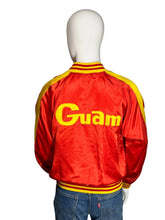 Load image into Gallery viewer, Red jacket with yellow trim and 'Guam' text on a mannequin against a plain background
