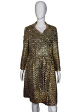Load image into Gallery viewer, Gold sequin trench coat on a mannequin against a plain background

