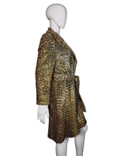 Load image into Gallery viewer, Gold sequin trench coat on a mannequin against a plain background
