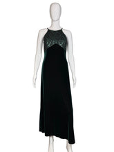 Load image into Gallery viewer, Dark green evening gown on a mannequin against a plain background
